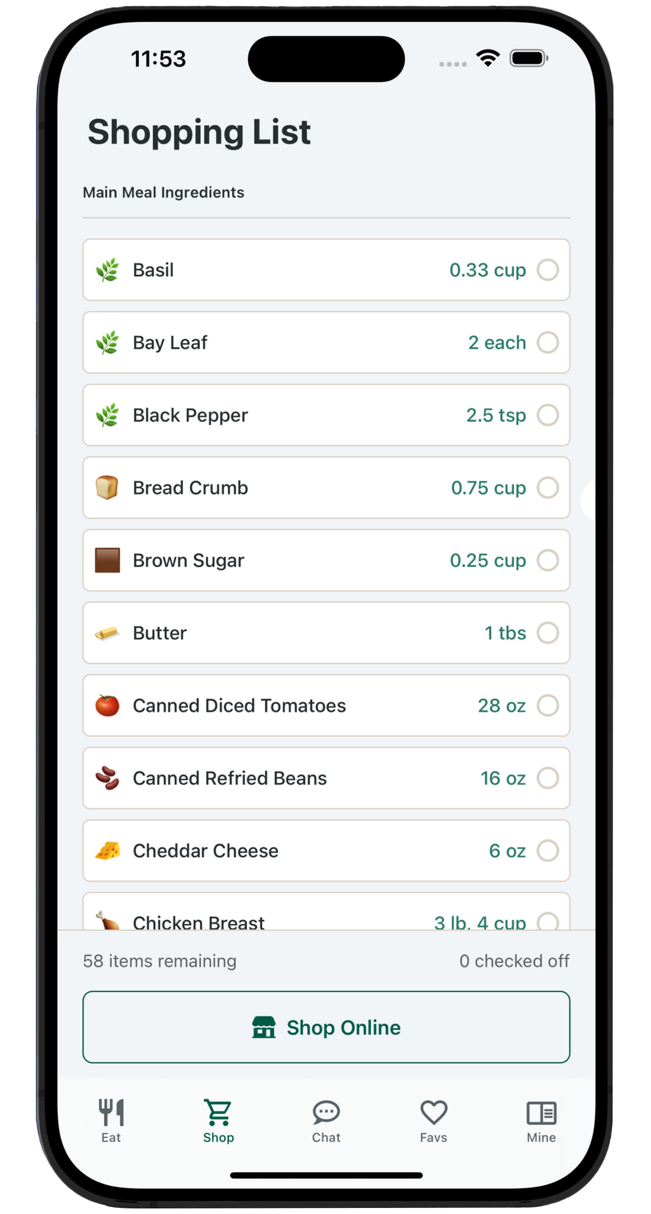 MenuMaker app - Dynamically Generated Shopping List